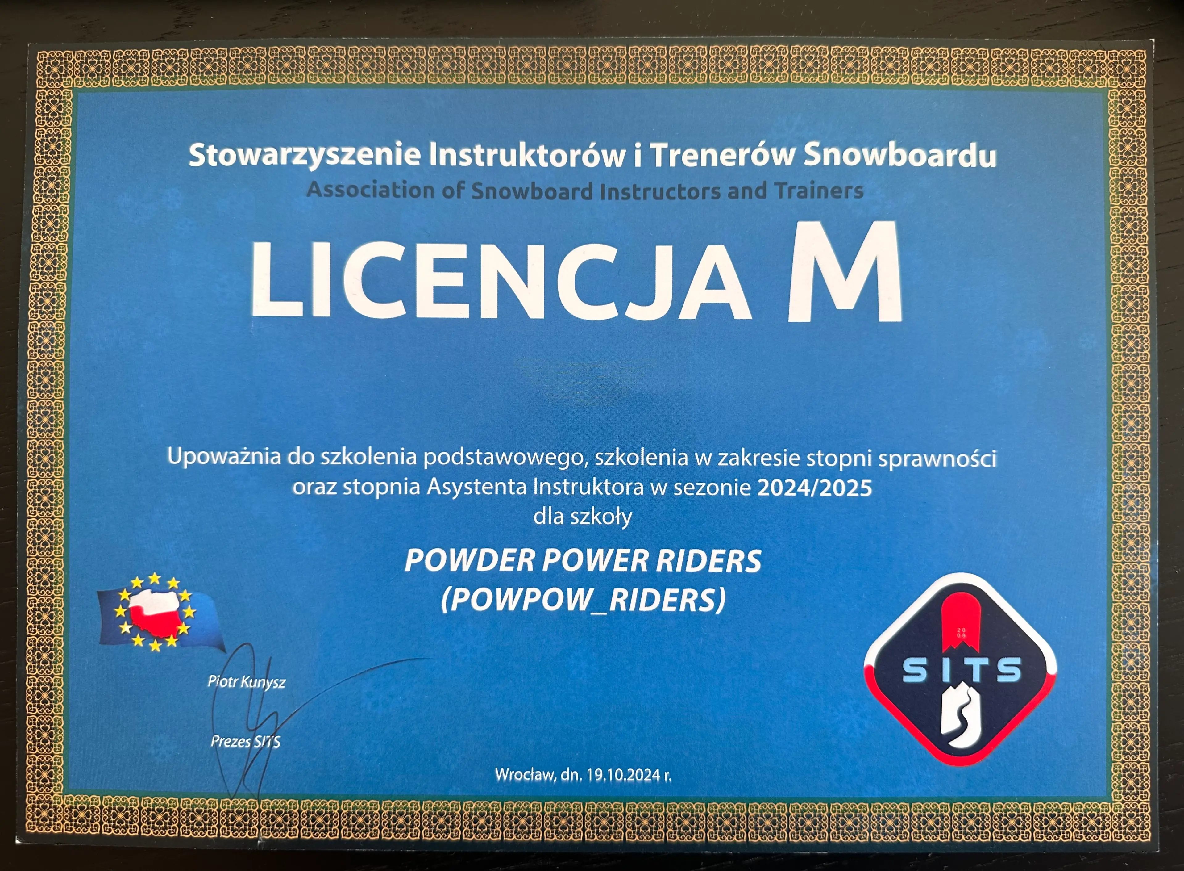 certyfikat potwierdzający uprawnienia do nadawania stopniów sits przez szkółkę na sezon 22/23